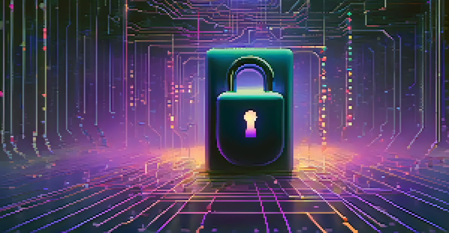 An abstract image of a digital lock with encrypted files and interconnected nodes, symbolizing data privacy in decentralized storage.