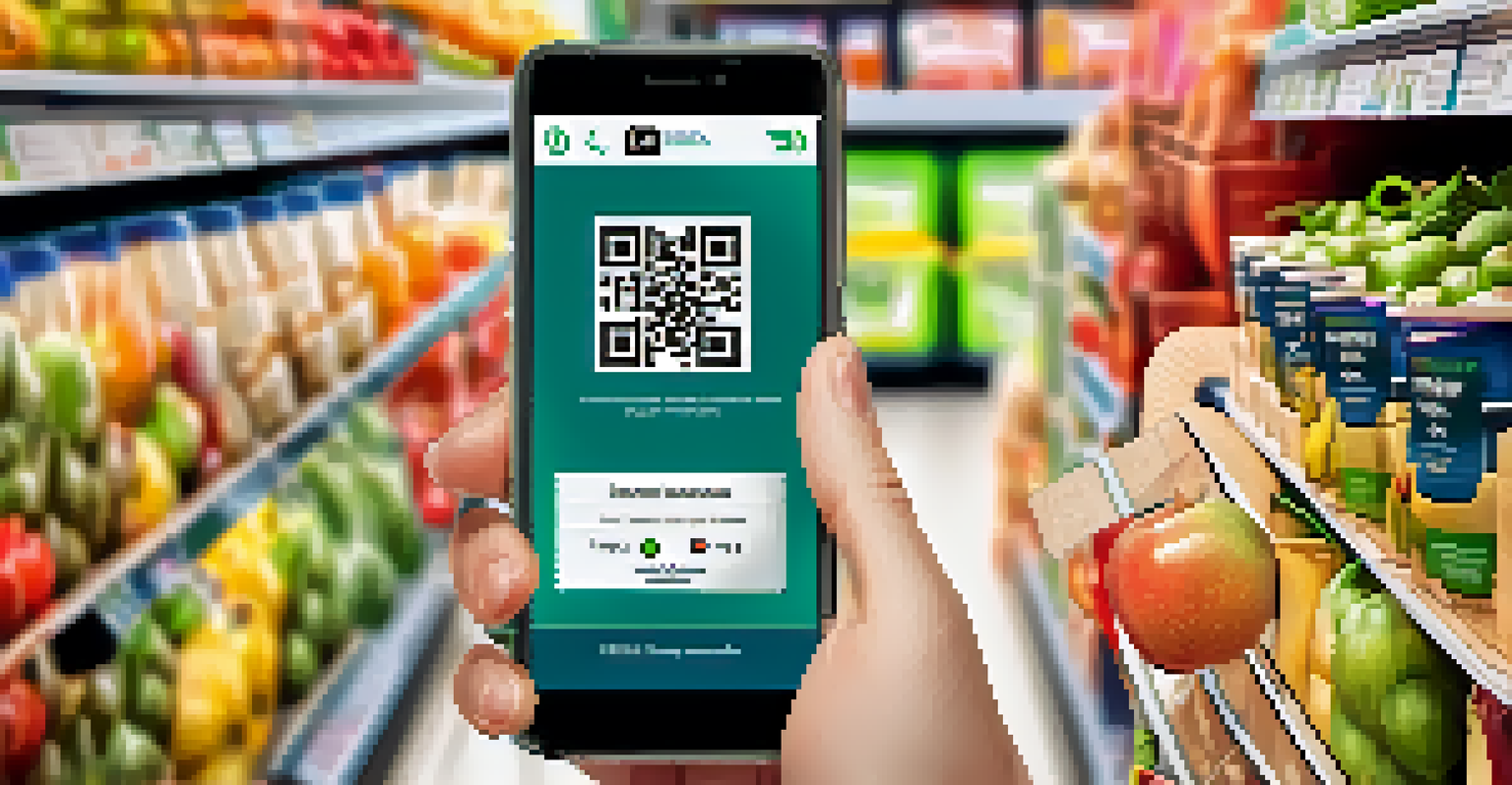 A shopper scanning a QR code on product packaging in a grocery store, with fresh produce in the background.