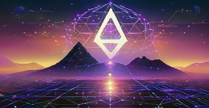A digital landscape with a glowing Ethereum logo surrounded by interconnected nodes, representing self-sovereign identity, in a blue and purple gradient background.