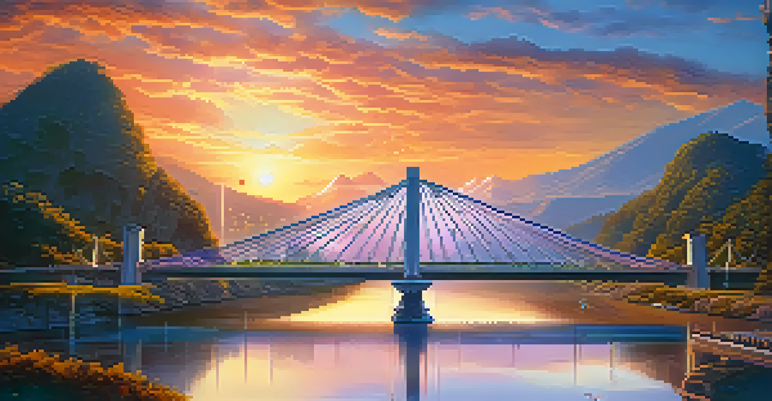 A serene landscape with a glowing bridge connecting two blockchain worlds, symbolizing interoperability.