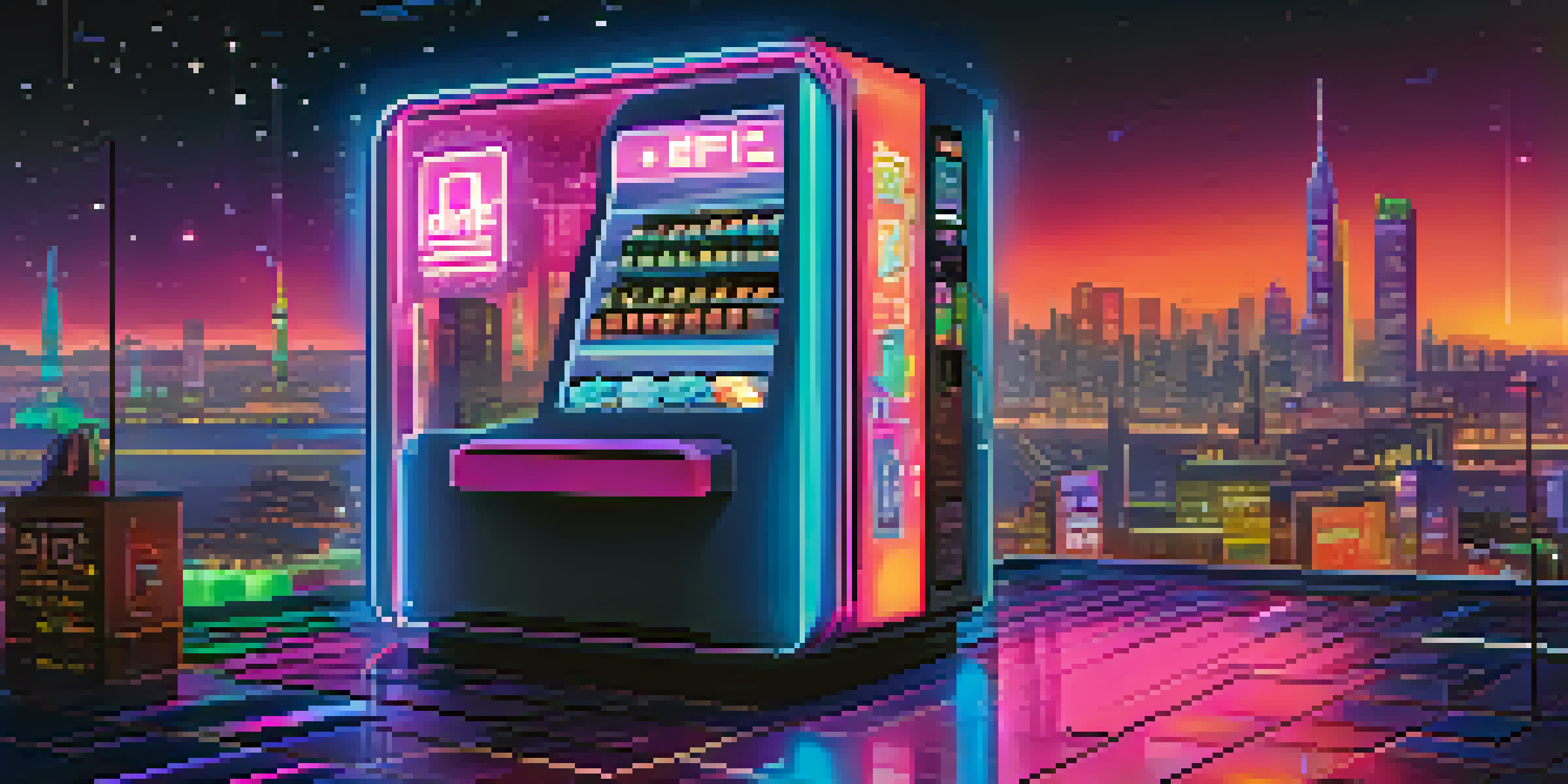 A digital landscape with a holographic vending machine, cryptocurrency icons, and a bright city skyline at night, representing decentralized finance.