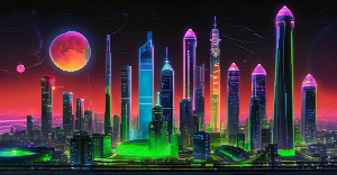 A futuristic city skyline with neon lights, illustrating the concept of gas in the Ethereum network with gas meters in the foreground.