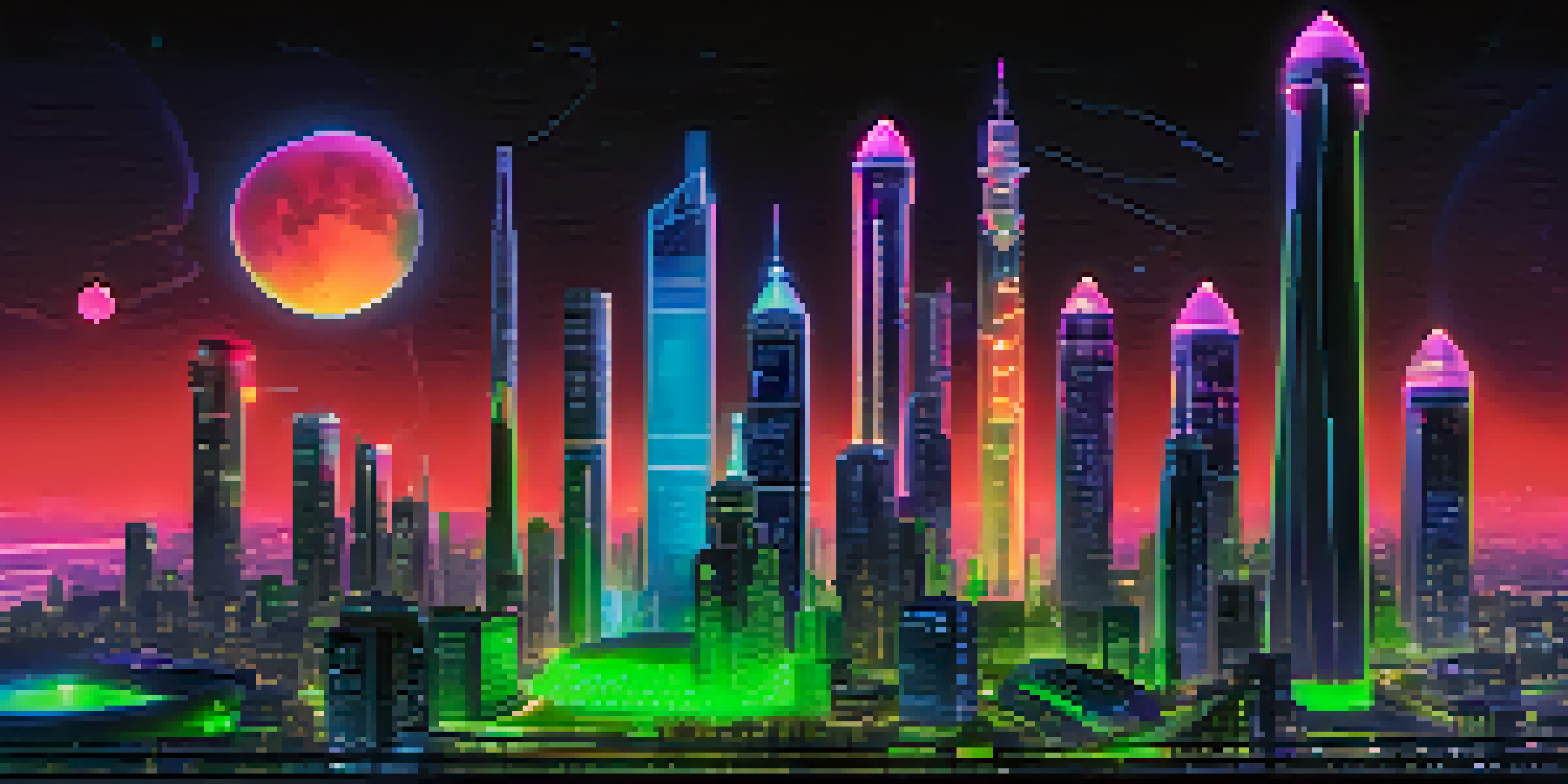 A futuristic city skyline with neon lights, illustrating the concept of gas in the Ethereum network with gas meters in the foreground.