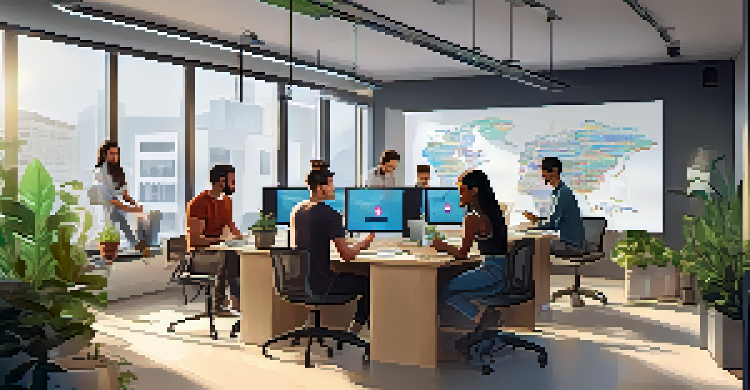 A diverse group of individuals working together in a modern workspace, focused on Ethereum projects with laptops and whiteboards.