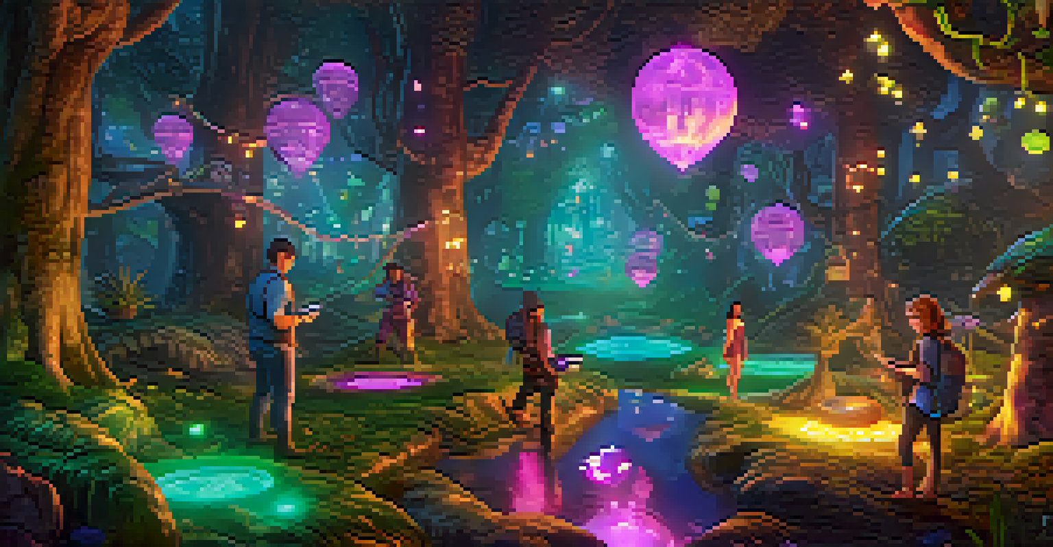 Players engaged in an augmented reality game in a fantasy landscape, earning Ethereum tokens while interacting with virtual creatures.