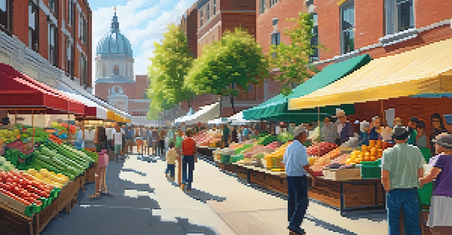 A bustling farmer's market with colorful stalls and diverse shoppers.