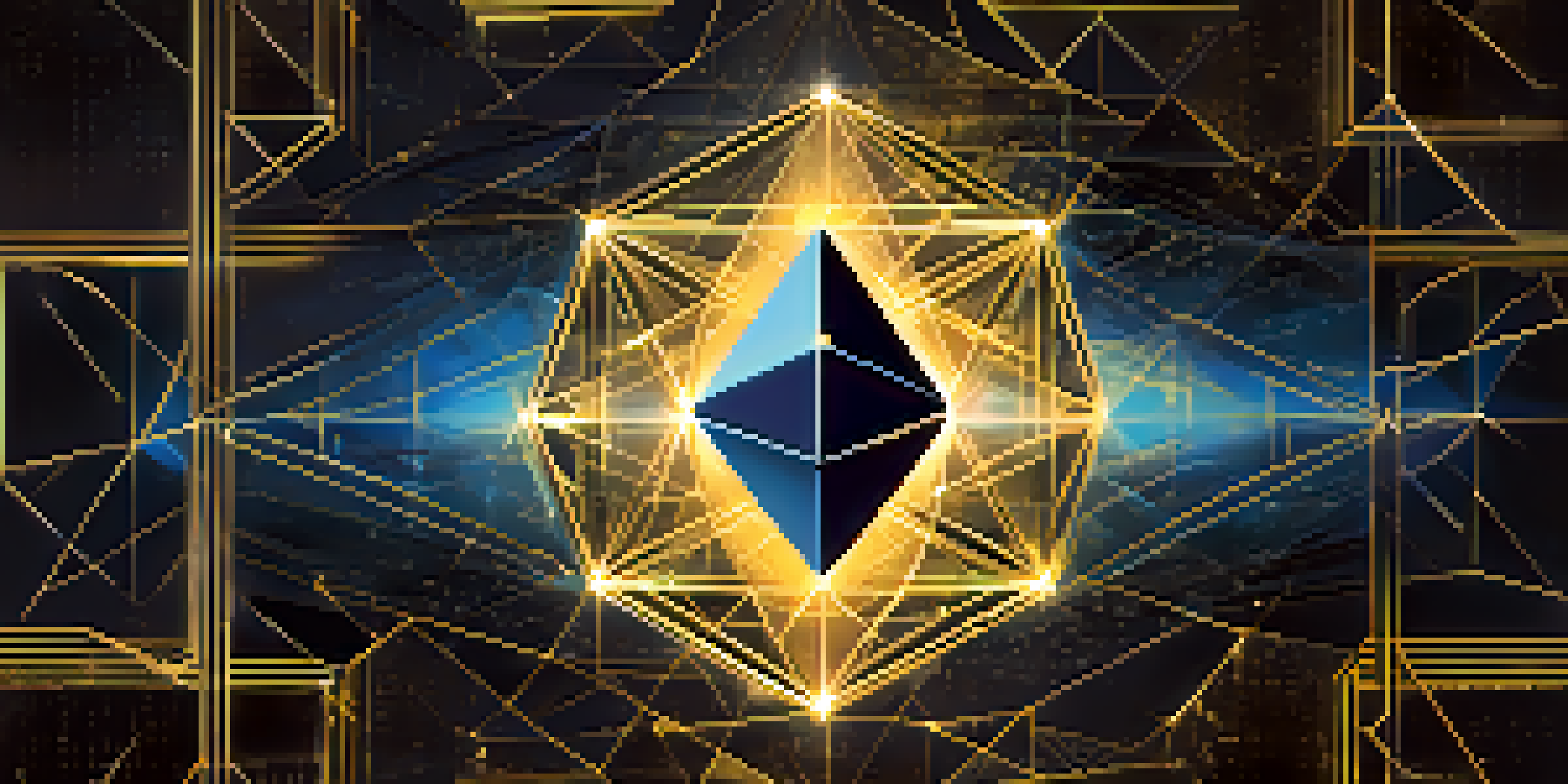An abstract representation of the Ethereum blockchain with geometric shapes and a glowing central node against a dark background.