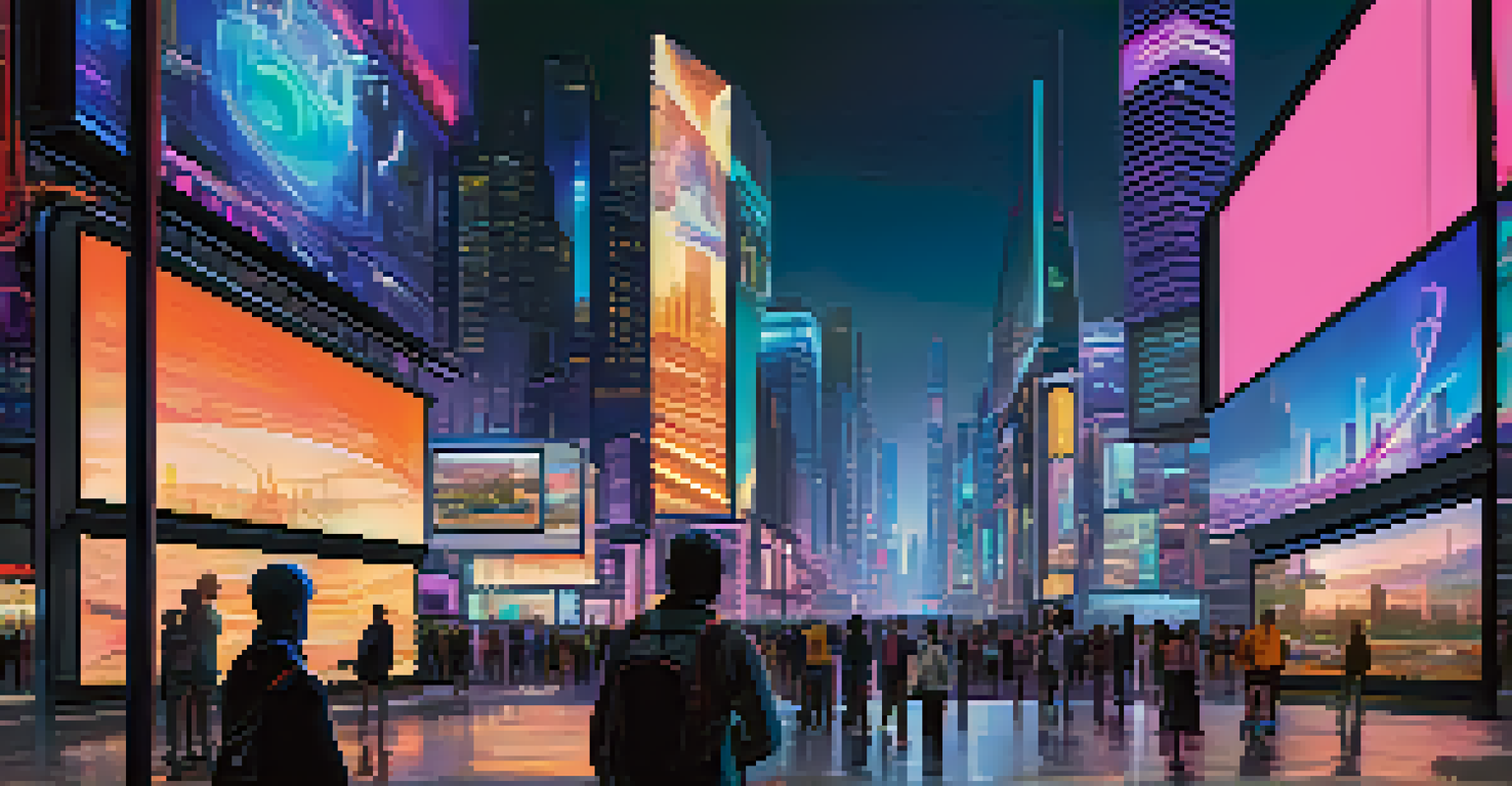 A futuristic cityscape with digital billboards displaying NFTs, pedestrians using devices for augmented reality interactions, illuminated by neon colors.