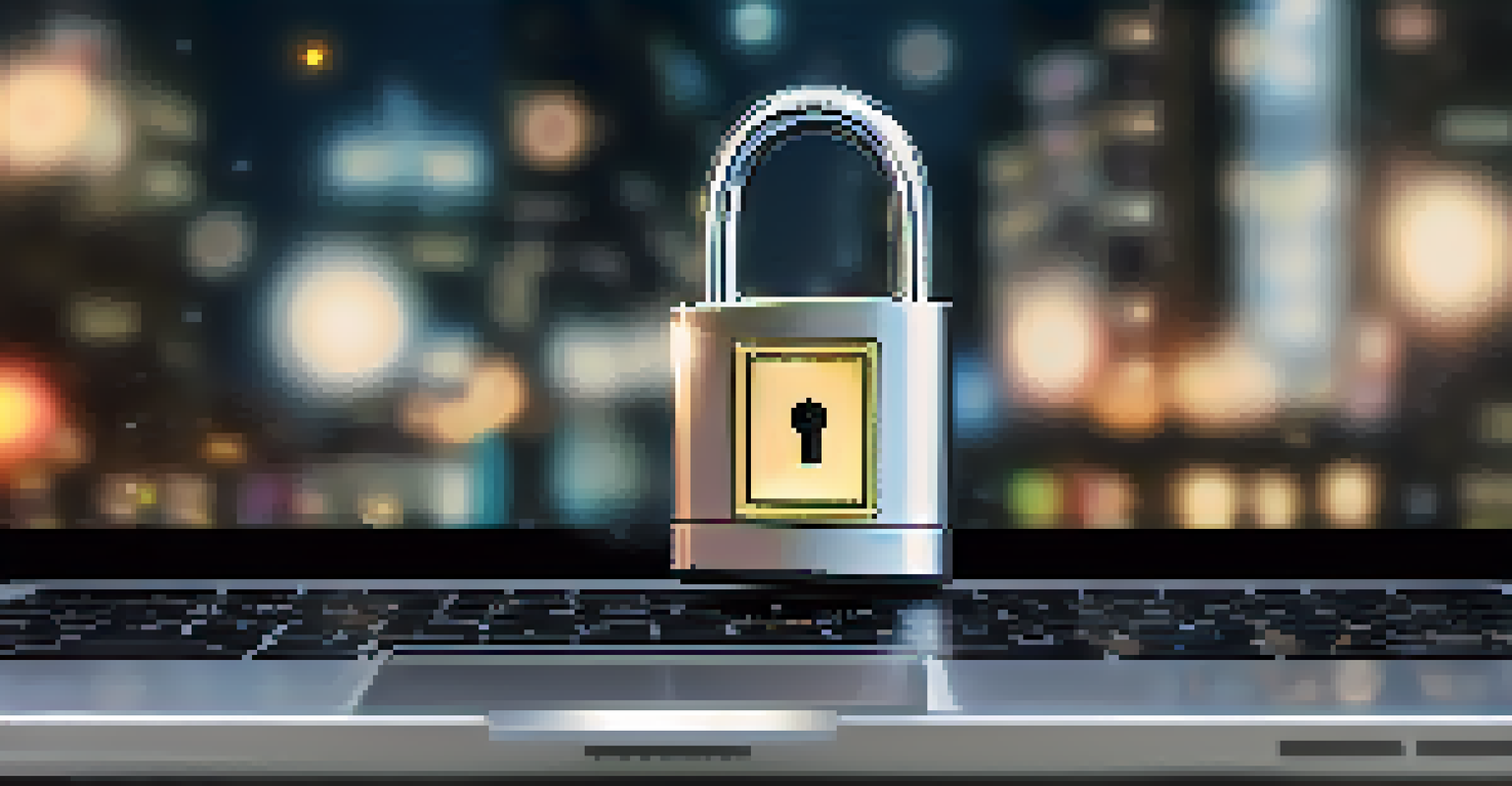 A close-up of a digital lock and key displayed on a computer screen, symbolizing security in identity verification amidst a blurred cityscape.