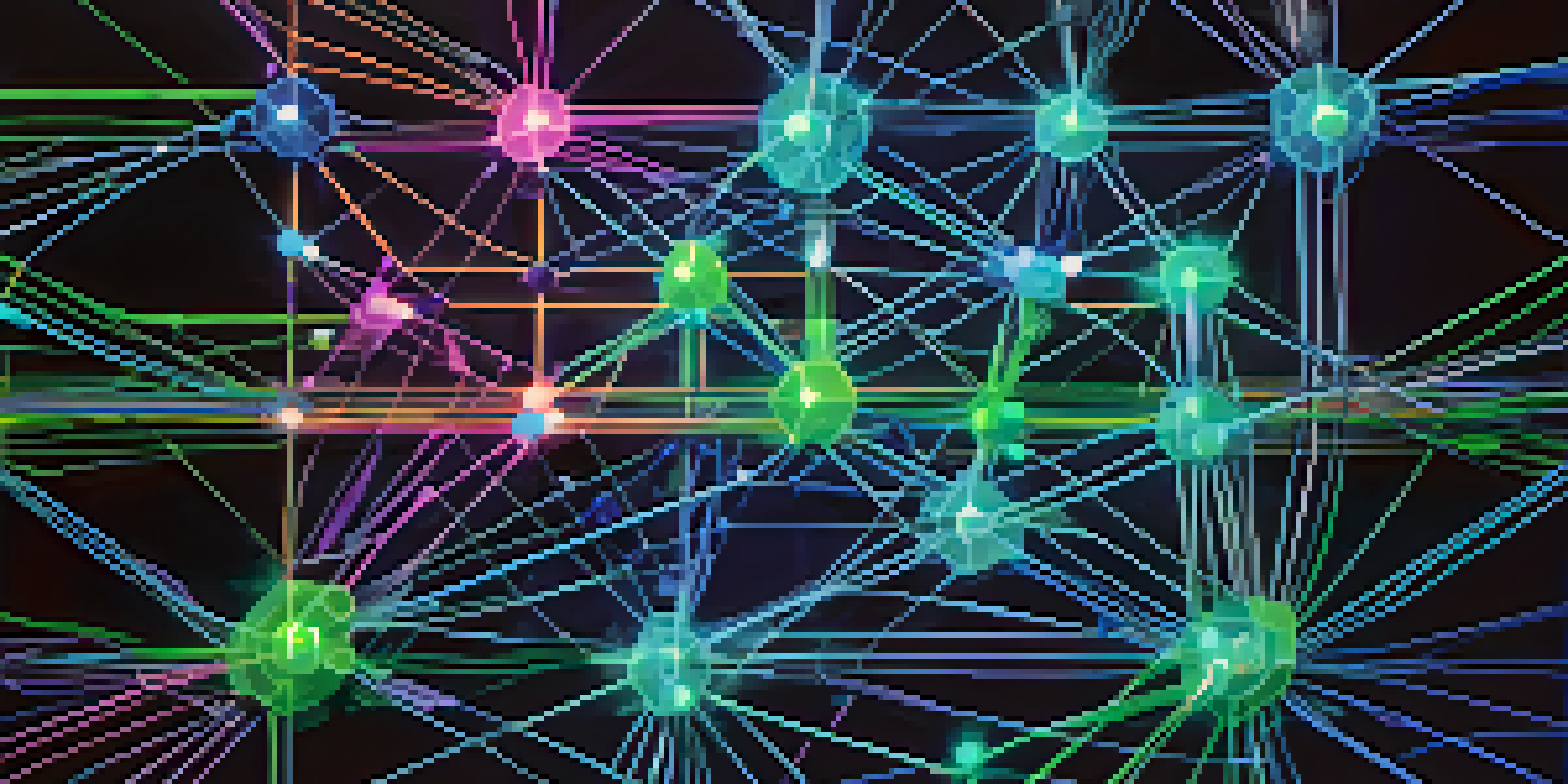 A detailed diagram of a blockchain network with interconnected nodes in blue and green colors, set against a digital grid background.