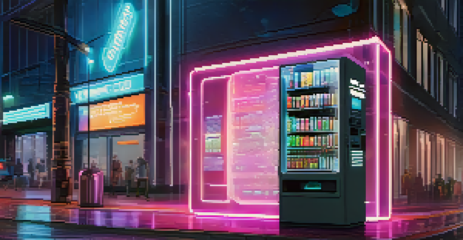 A futuristic vending machine with a glowing digital interface showing a smart contract in action, set against a modern cityscape with neon lights.