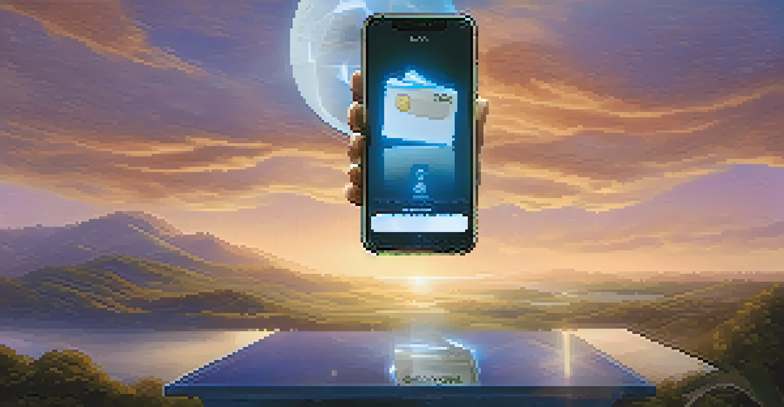 A hand holding a digital wallet displaying 32 ETH against a serene landscape.