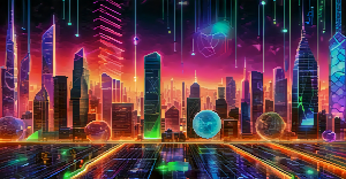 A digital representation of synthetic assets with a futuristic city skyline in the background, featuring blockchain patterns and glowing elements.