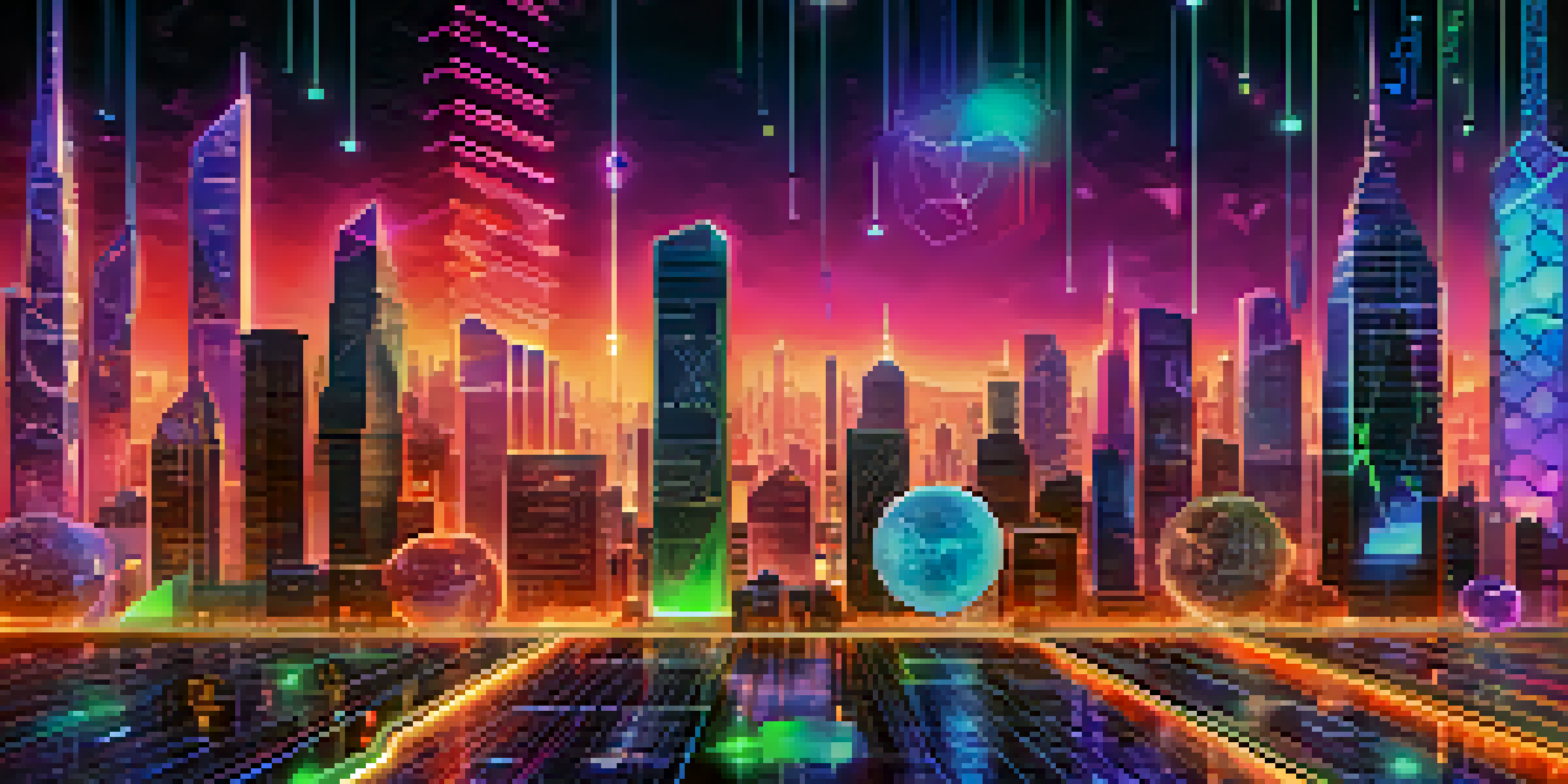 A digital representation of synthetic assets with a futuristic city skyline in the background, featuring blockchain patterns and glowing elements.