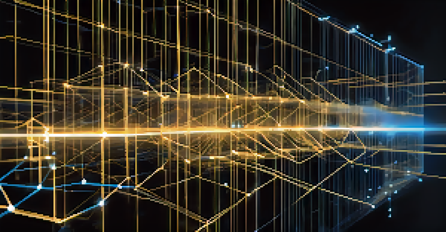 A digital representation of a blockchain ledger with glowing lines and nodes against a dark background.