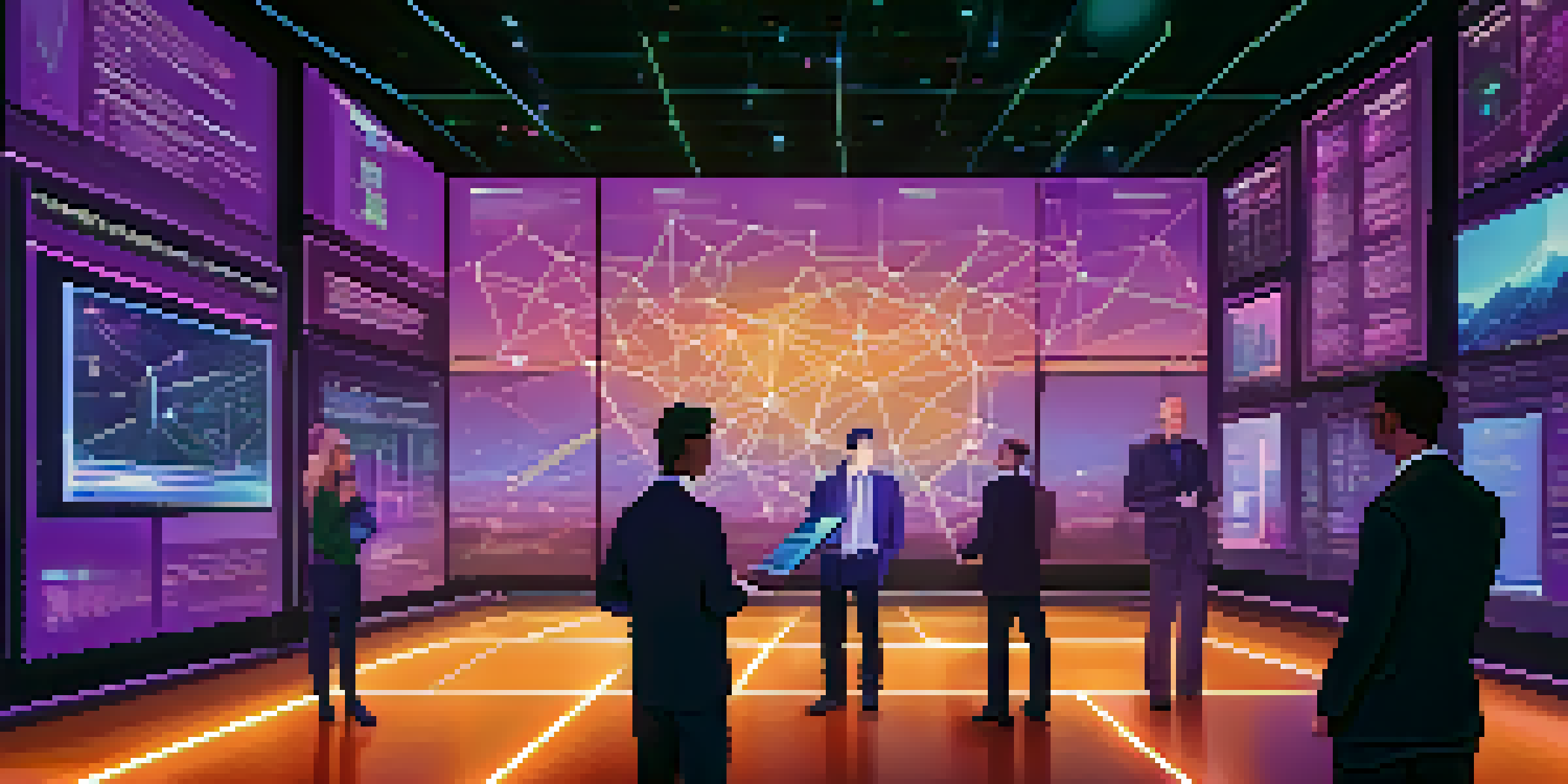 A group of diverse professionals discussing smart contracts in a futuristic digital landscape with glowing blockchain connections.