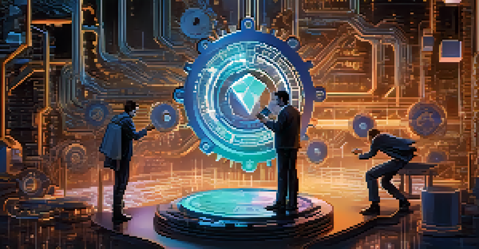 An abstract image depicting the mechanics of a smart contract with gears, code, and a glowing Ethereum logo.
