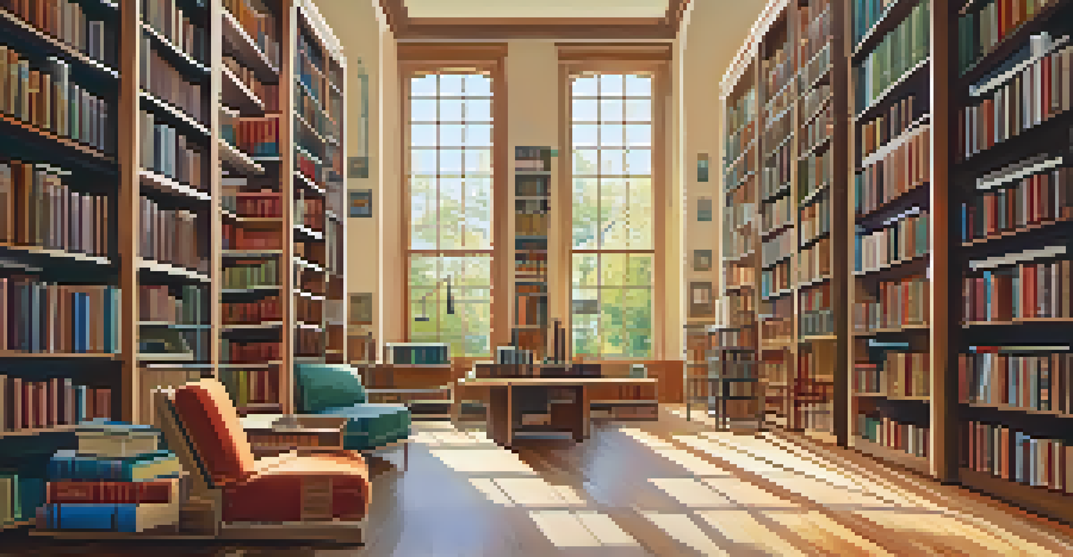 A peaceful library with organized sections for various book genres, featuring bookshelves, reading nooks, and sunlight filtering through large windows.