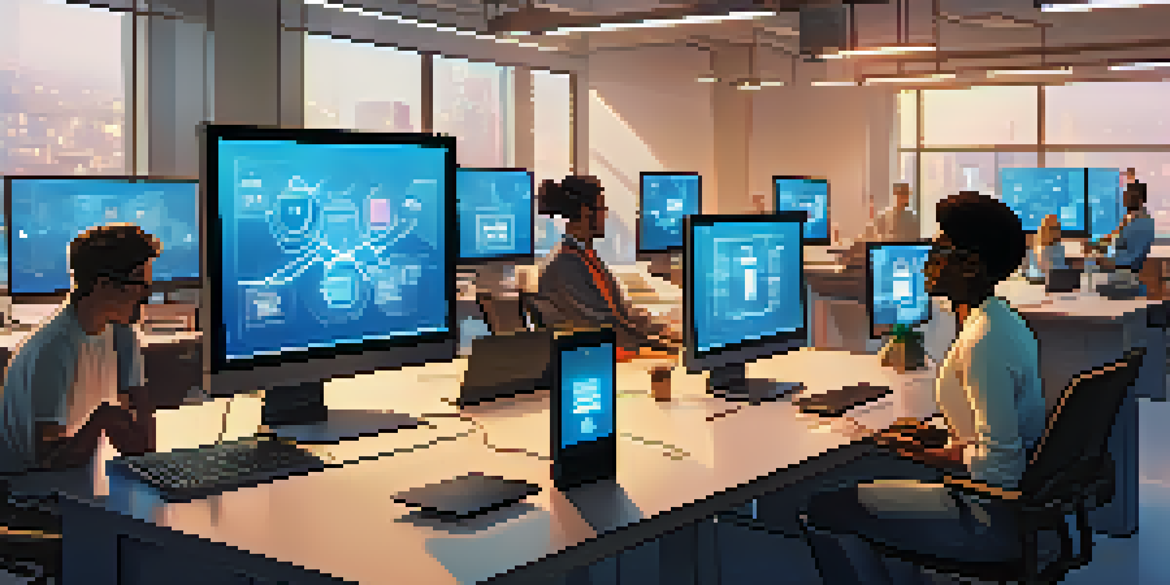 A diverse group of people in a modern office using devices, with holographic blockchain representations around them, highlighting collaboration and technology.