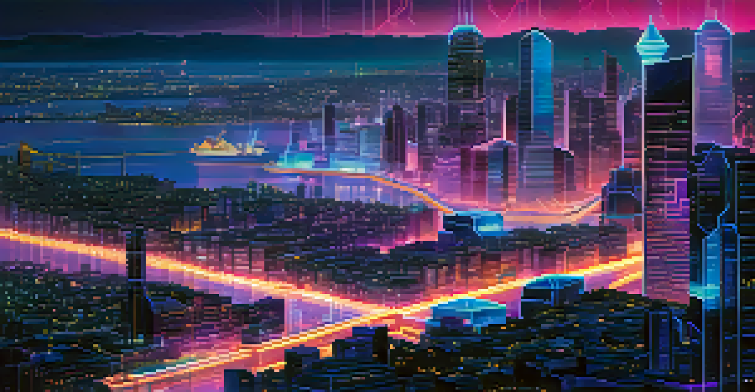 An artistic depiction of Ethereum's blockchain network with interconnected nodes and a digital city skyline in the background.