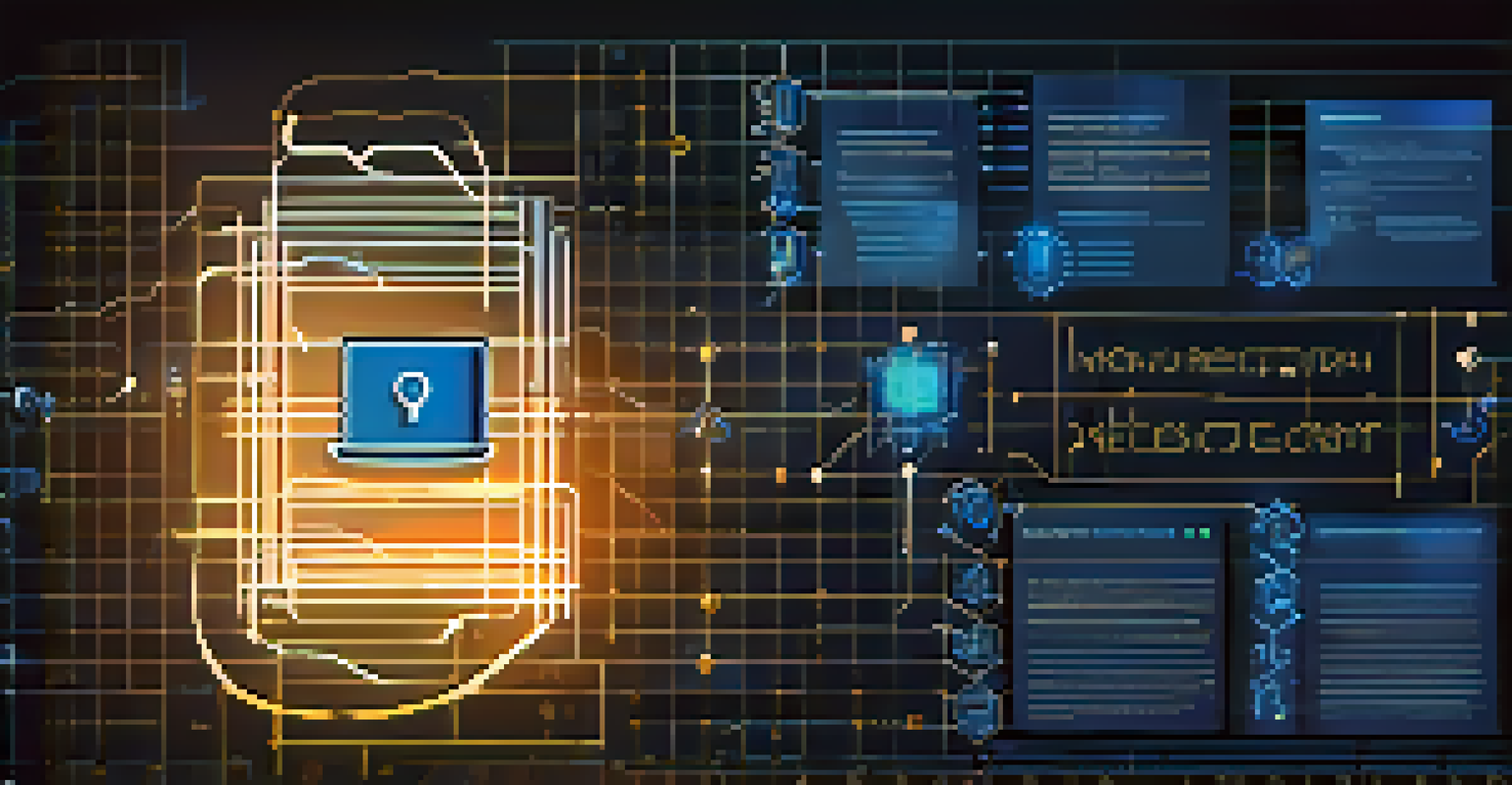 An abstract image of a glowing digital document representing a smart contract on a blockchain grid.