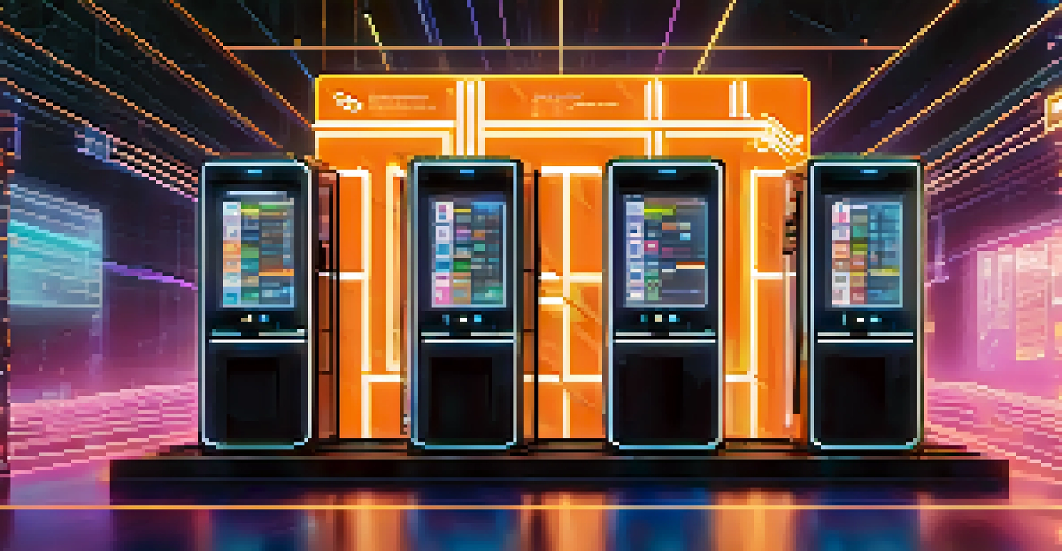 A digital vending machine illustrating smart contracts, with cryptocurrency being dispensed and a network of glowing lines around it.