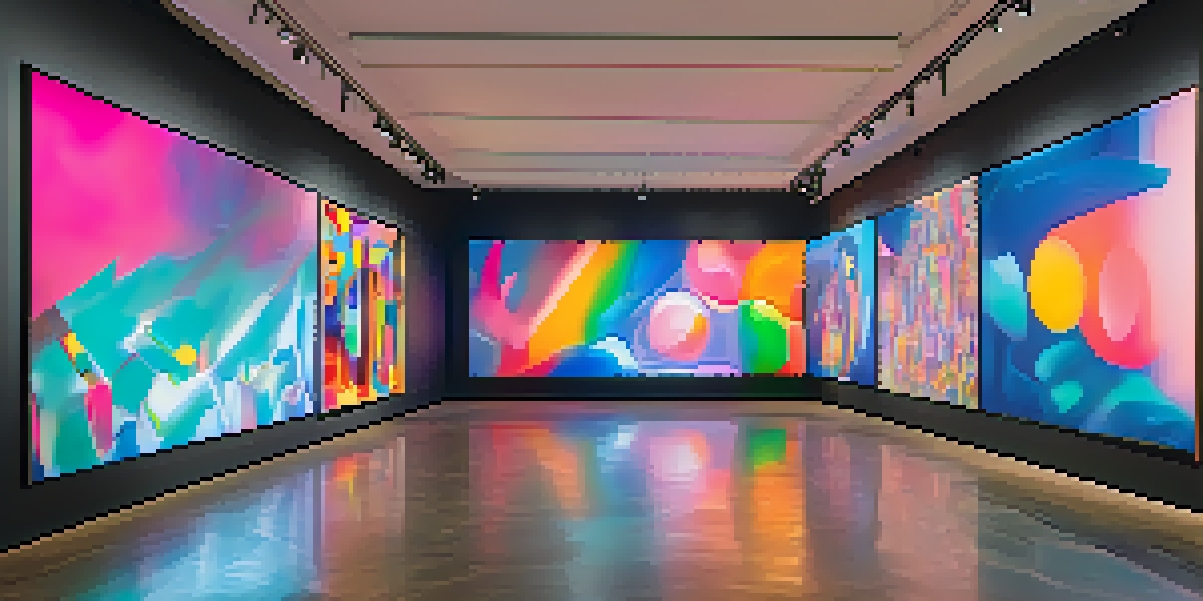 A digital art gallery filled with colorful NFTs and visitors admiring the artworks, illuminated with soft lighting.