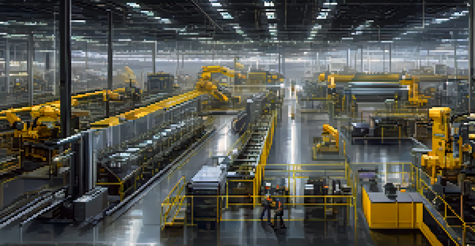 An industrial factory with machines and a digital interface showing production data, bright lights overhead, and workers using touchscreens.