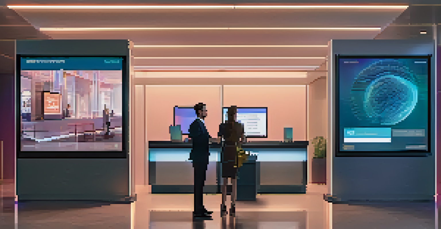 A split-image showing a traditional bank office with a teller and a futuristic digital finance environment with holographic screens.