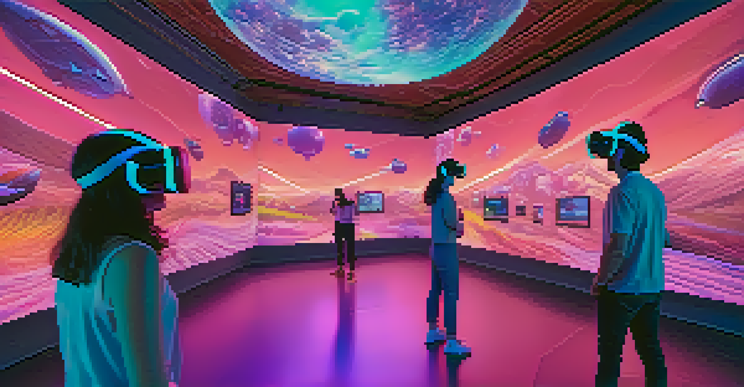 A futuristic virtual reality exhibition featuring colorful interactive digital art displays and attendees wearing VR headsets.
