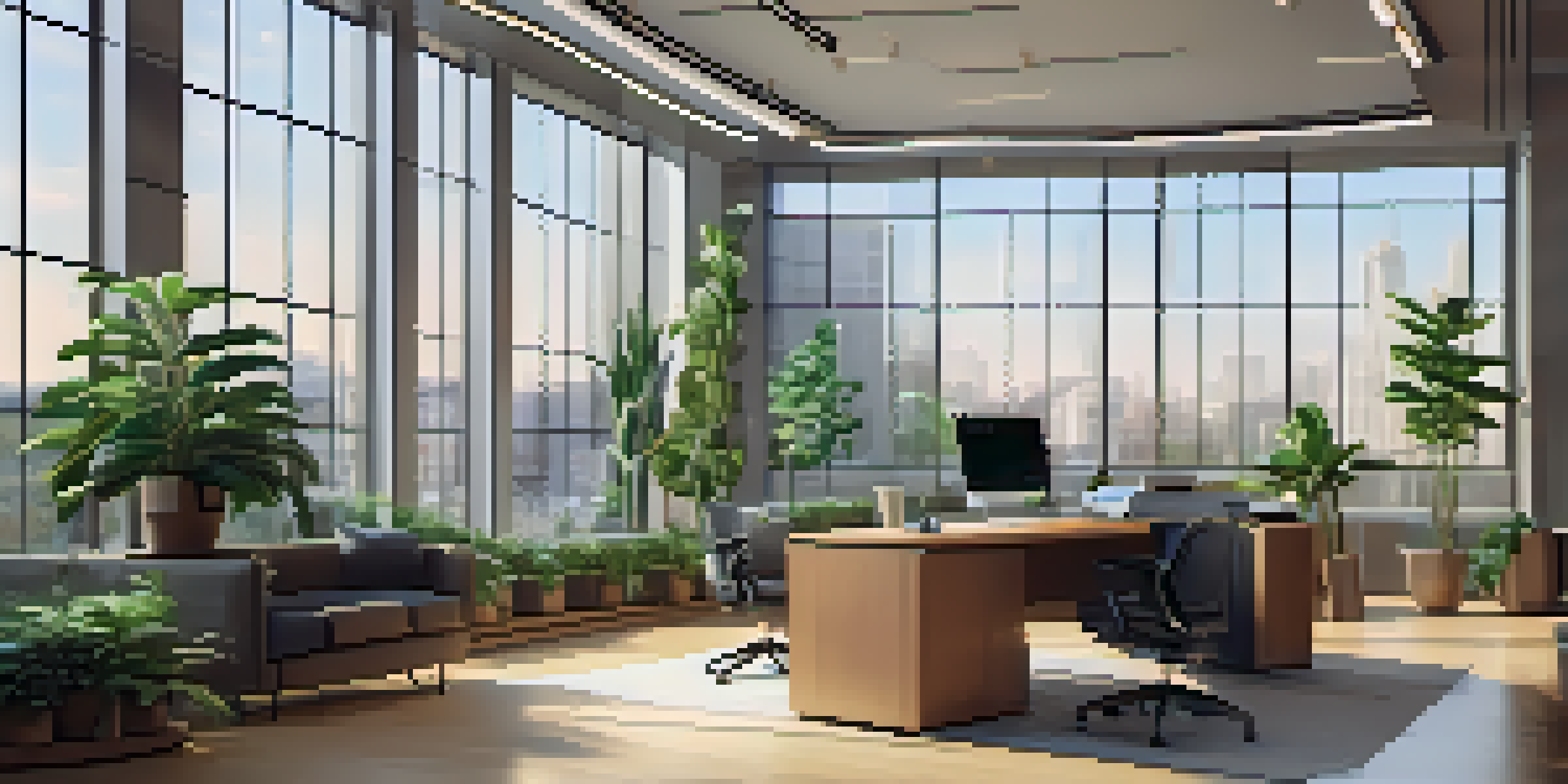 A modern office with a desk and laptop showing blockchain technology, next to a model of a traditional bank. The room is well-lit with large windows and has potted plants.