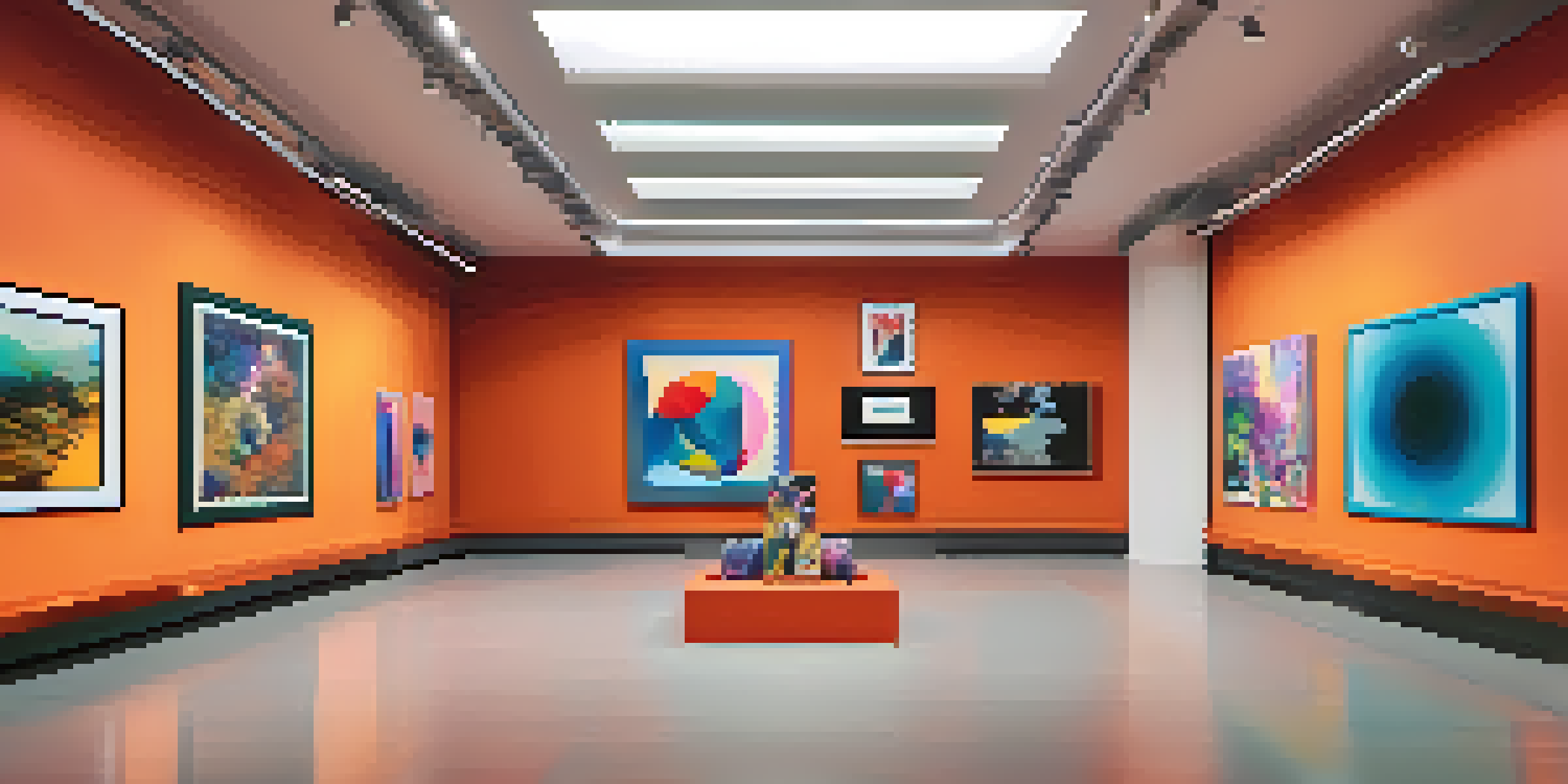 A modern art gallery filled with diverse digital artworks displayed as NFTs, featuring abstract paintings and sculptures, with visitors exploring the space.
