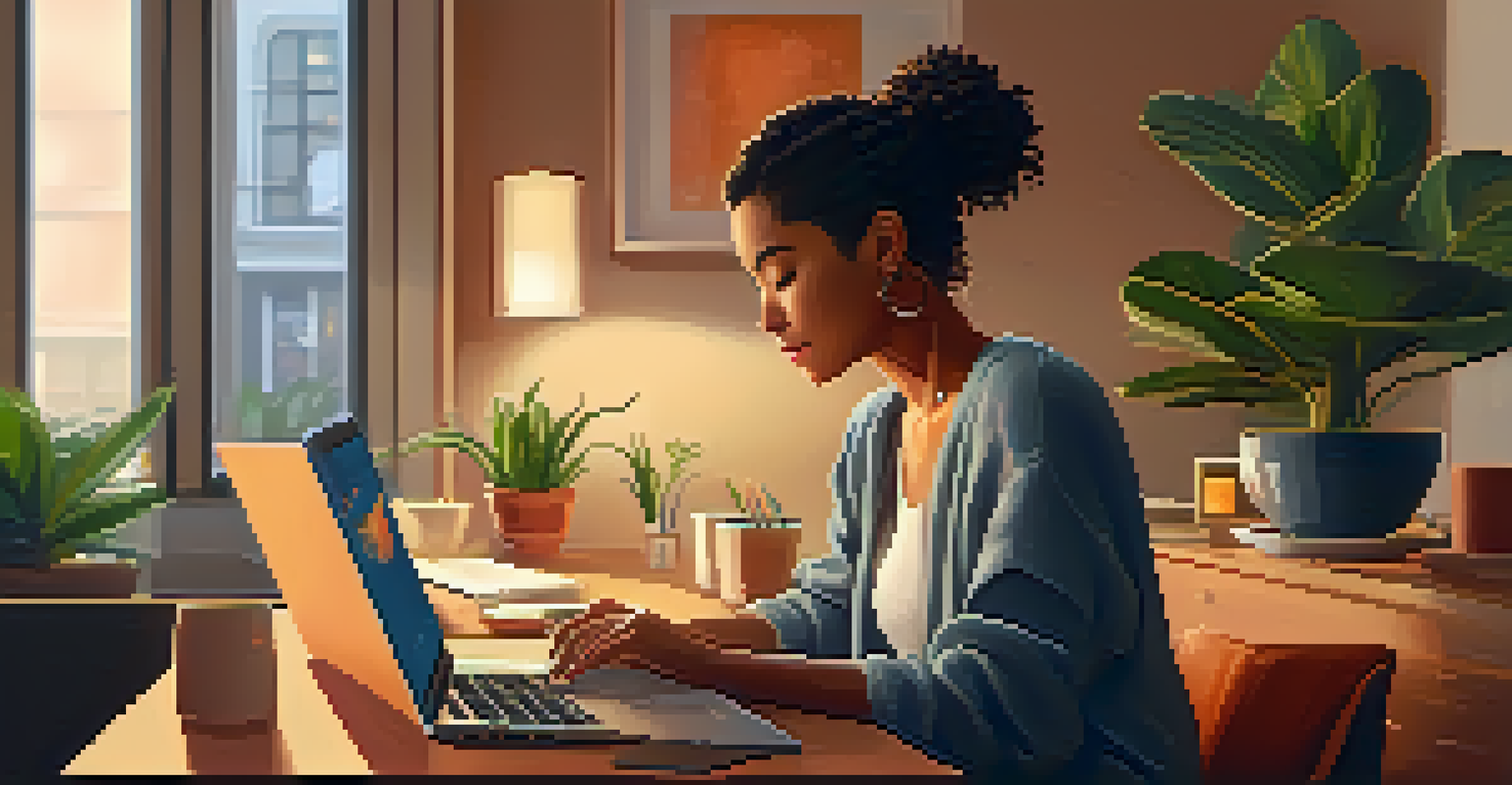 A person in a cozy home office, focused on researching social tokens on their laptop, with plants and a cup of coffee around.