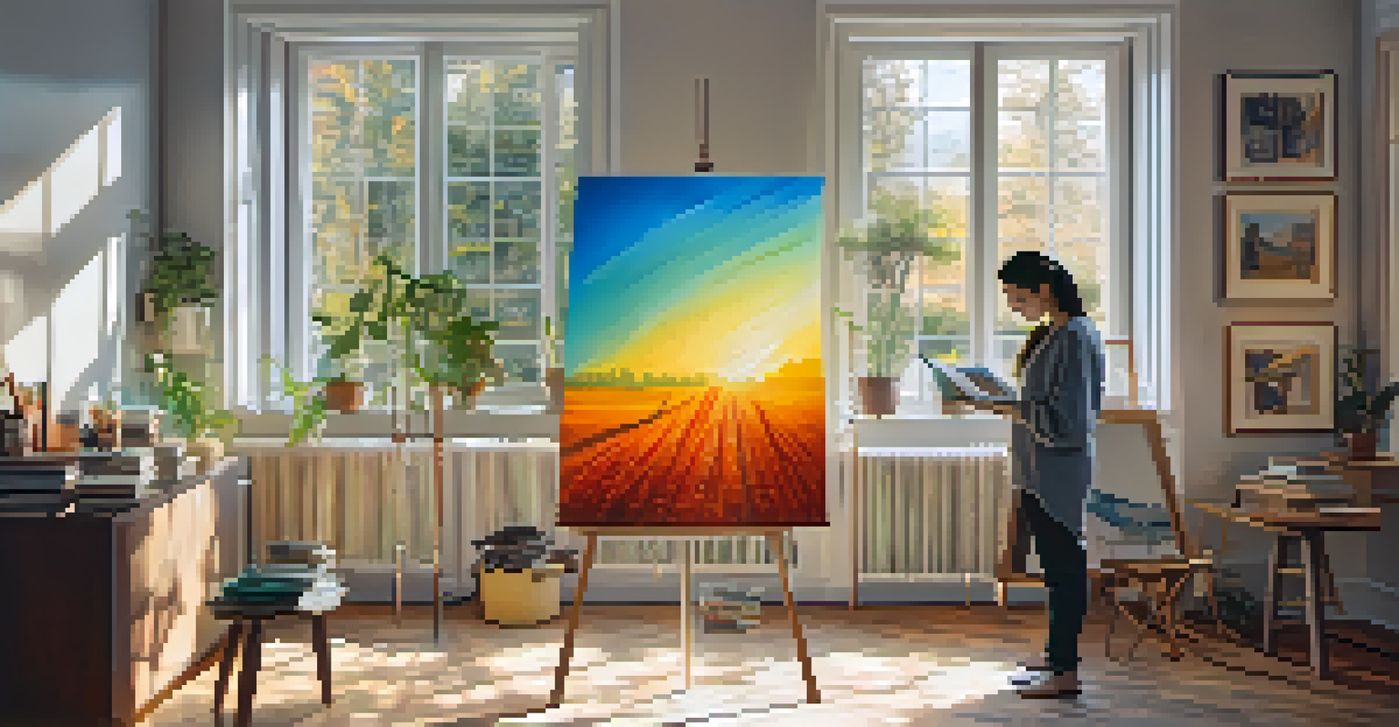 An artist painting in a studio with a transparent screen showing smart contract details beside them, lit by natural sunlight.