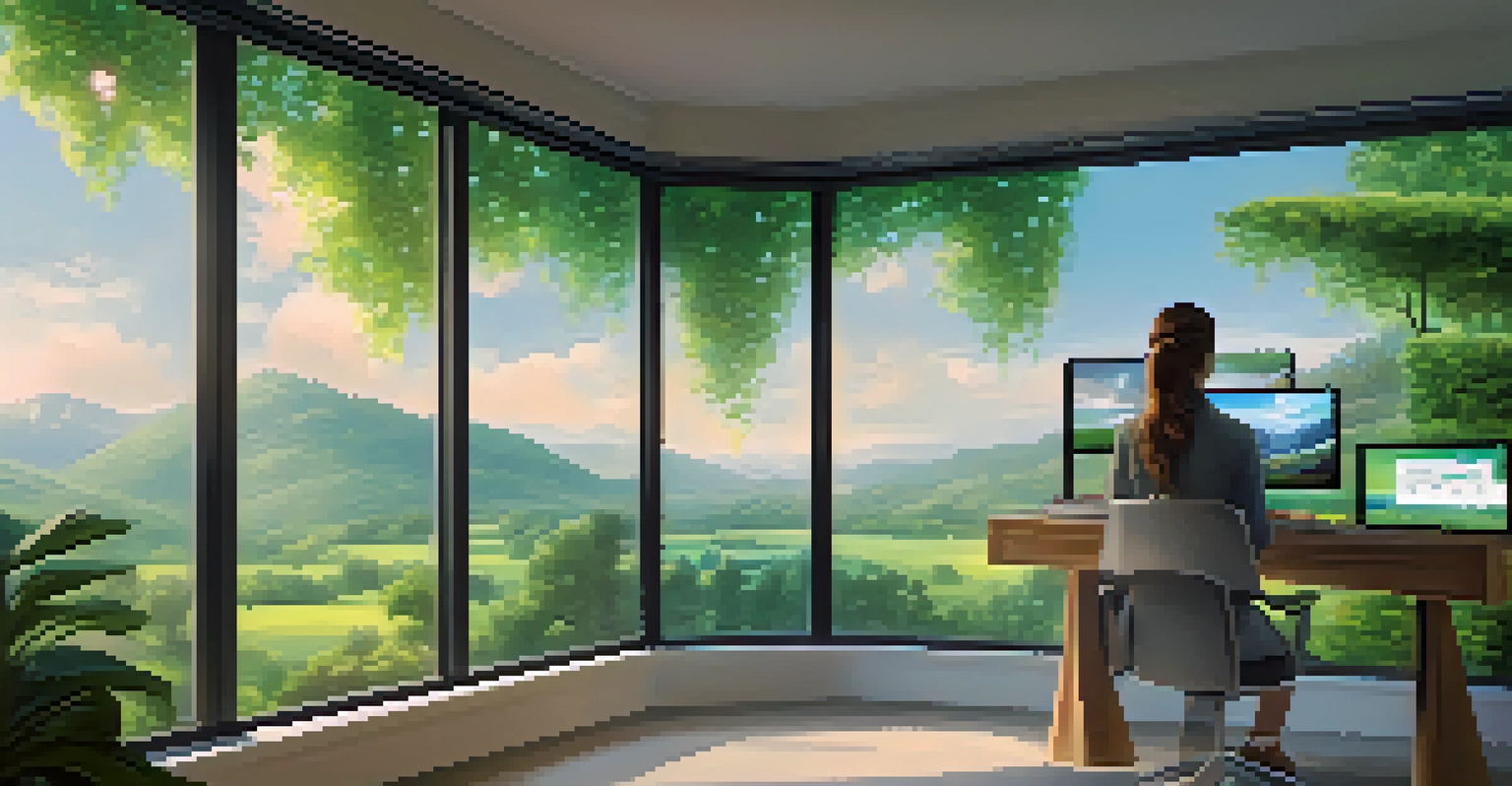 A serene workspace with a person interacting with a holographic screen and a view of nature.