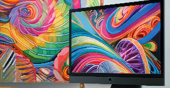 A bright and colorful abstract NFT artwork displayed on a computer monitor in a cozy workspace.