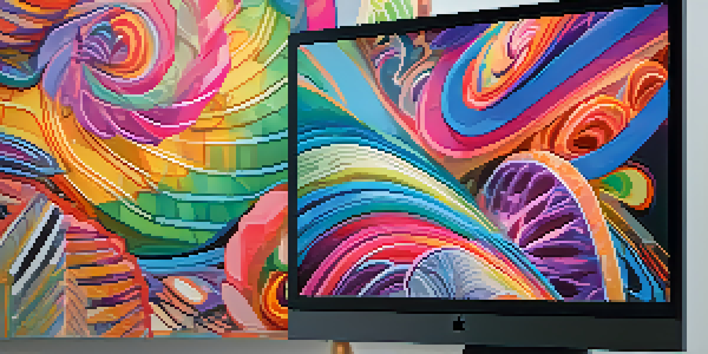 A bright and colorful abstract NFT artwork displayed on a computer monitor in a cozy workspace.