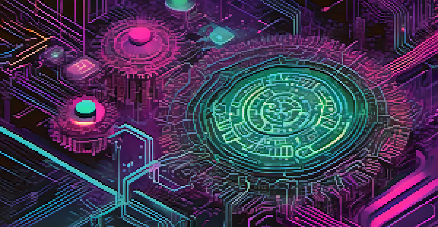 An abstract illustration of interconnected AI and smart contracts in a colorful digital environment.
