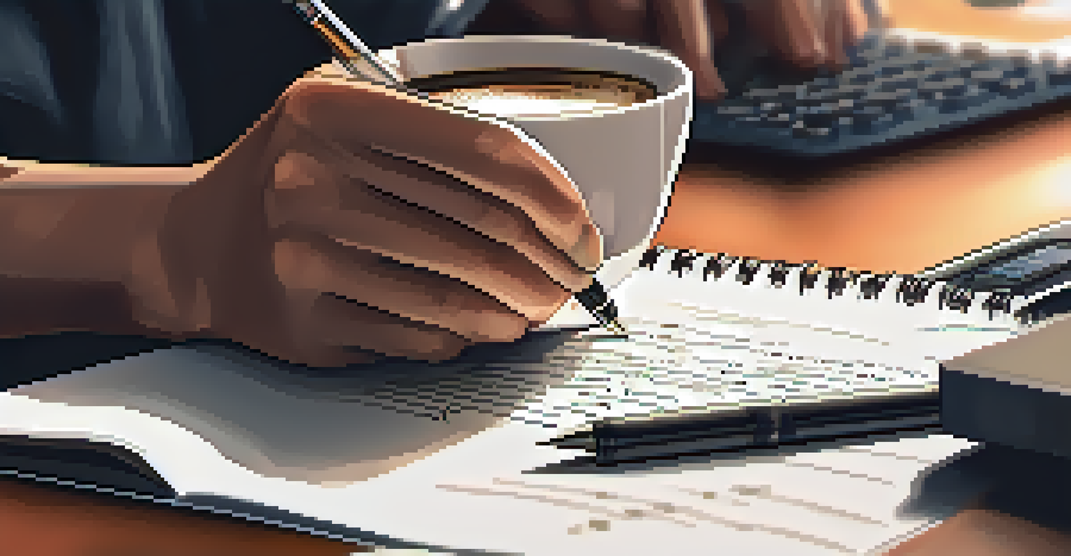 A close-up of a hand writing an Ethereum Improvement Proposal on a notepad with tech gadgets in the background.