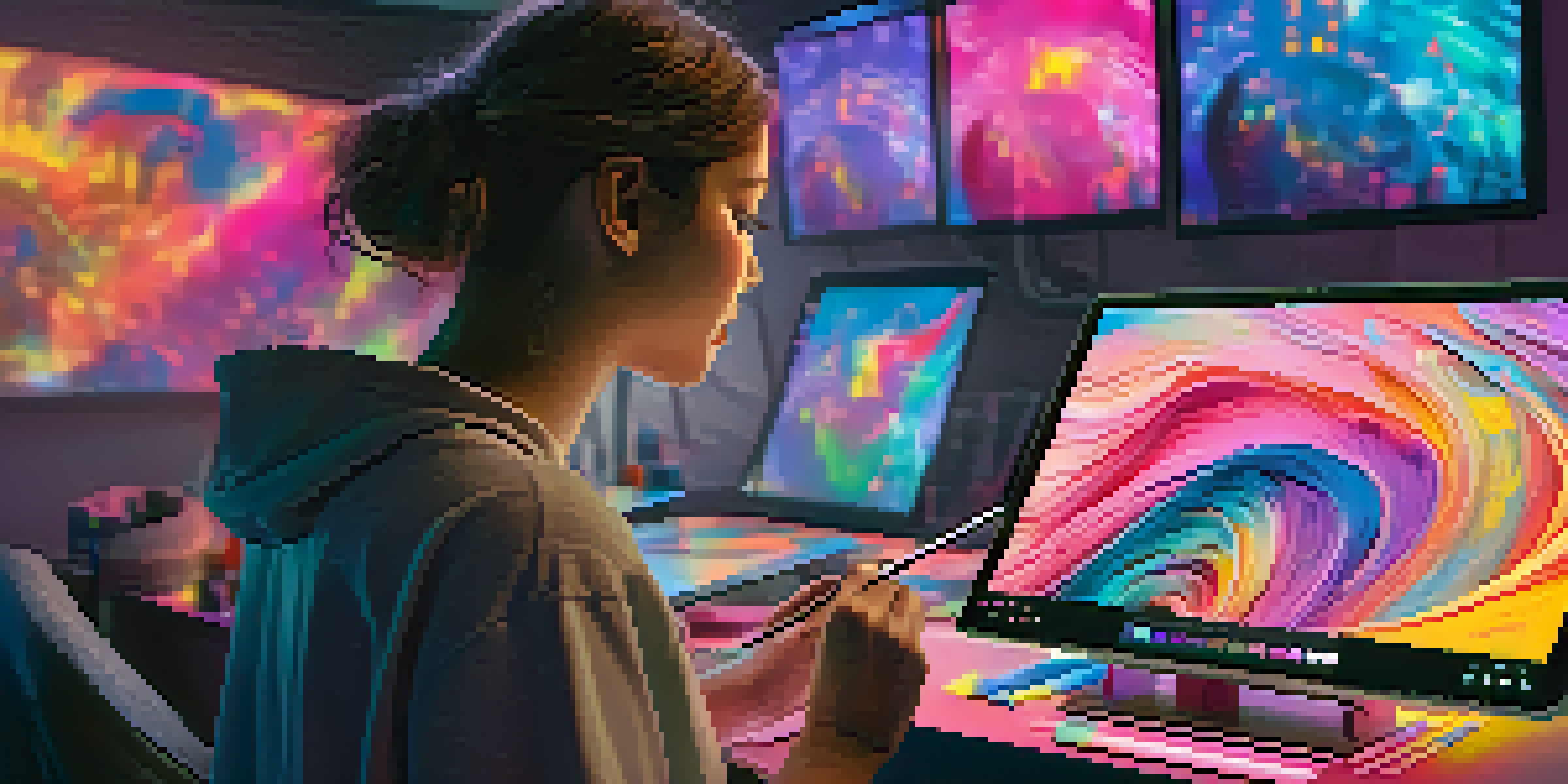 A digital artist creating an NFT artwork on a tablet, surrounded by colorful paint splashes and screens displaying NFTs in a warm-lit studio.
