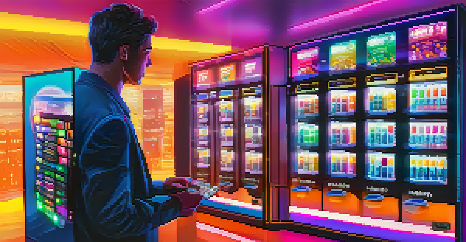 A futuristic vending machine representing a smart contract, showing digital tokens, with a hand reaching towards it in a colorful setting.