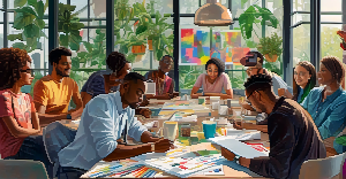 A diverse group of people collaborating around a table filled with sketches and laptops in a brightly lit room.