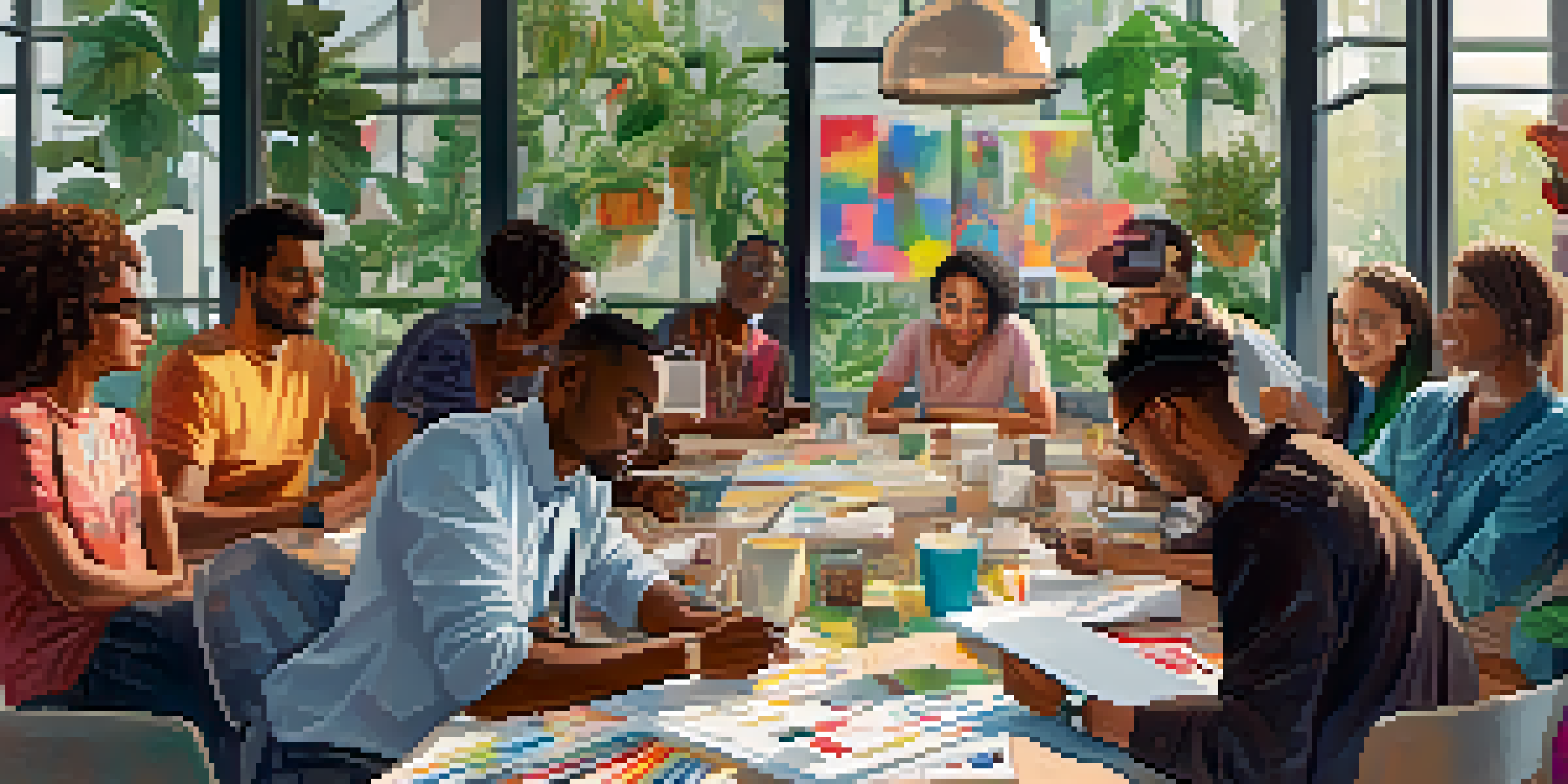 A diverse group of people collaborating around a table filled with sketches and laptops in a brightly lit room.