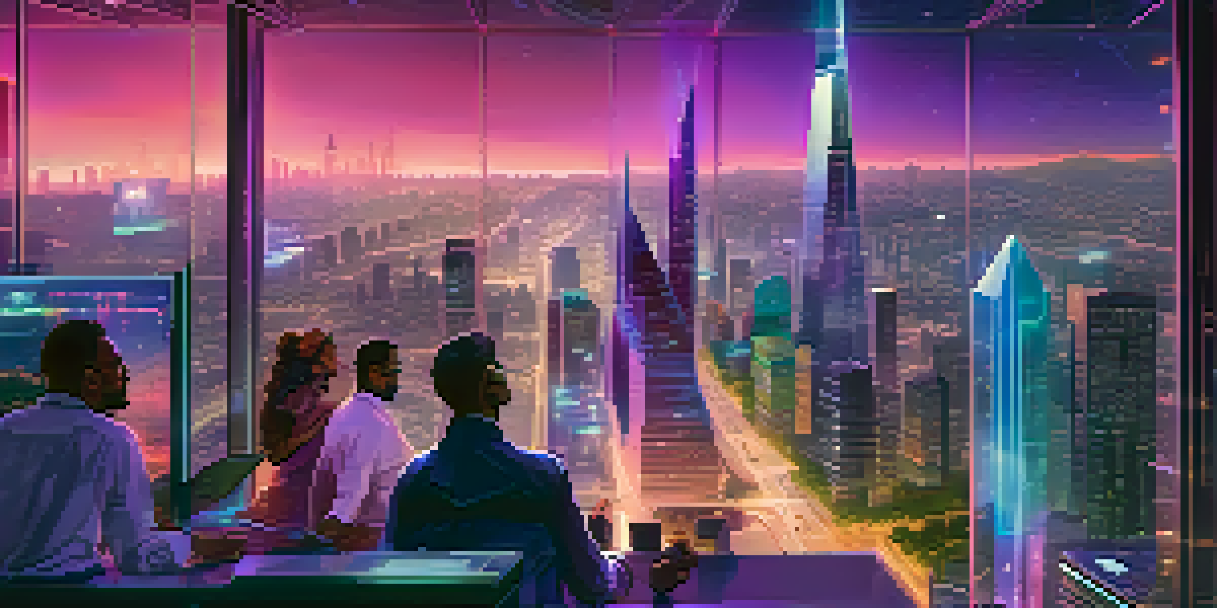 A futuristic city with skyscrapers and people discussing blockchain technology, with neon lights and digital screens.