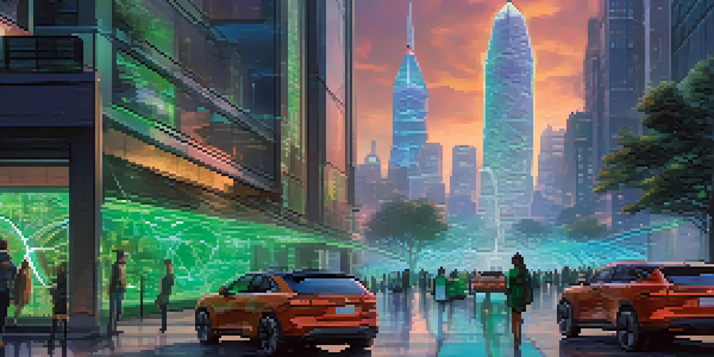 A bustling cityscape at dusk with glowing buildings and people using holographic technology, representing Ethereum 2.0 and sustainable innovation.