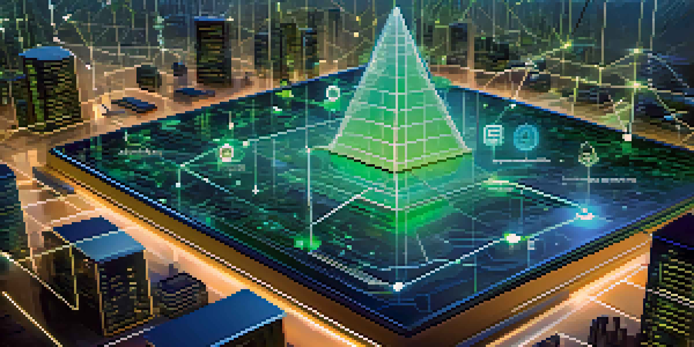 A vibrant digital landscape illustrating blockchain technology with glowing data streams and a smart contract document, highlighting innovation and security.