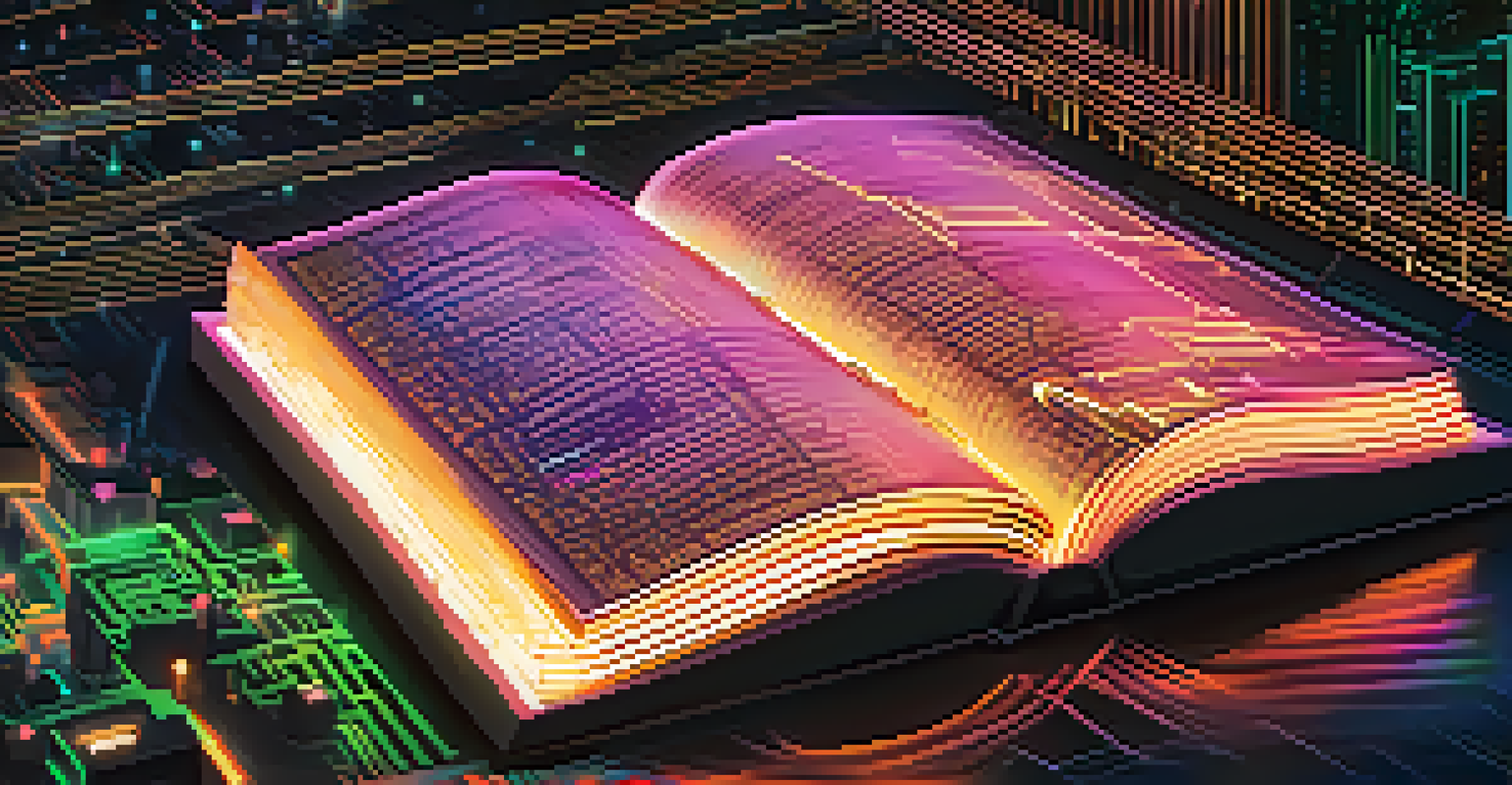 A digital diary made of glowing circuits set against a blurred night cityscape, symbolizing blockchain technology and transparency.