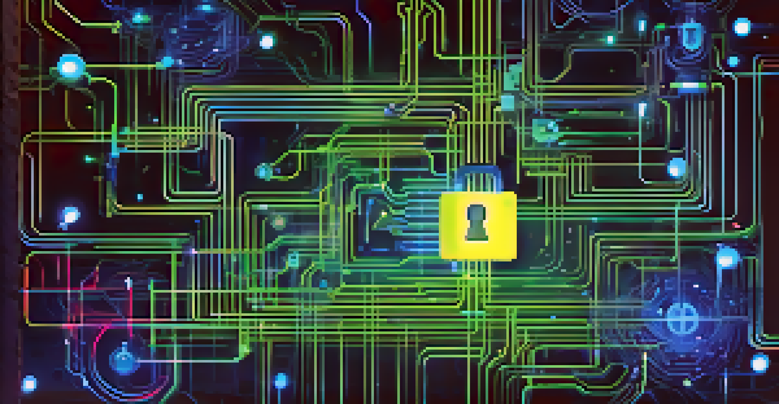 A glowing lock symbol amidst a network of nodes and circuits, representing digital security and smart contract protection.