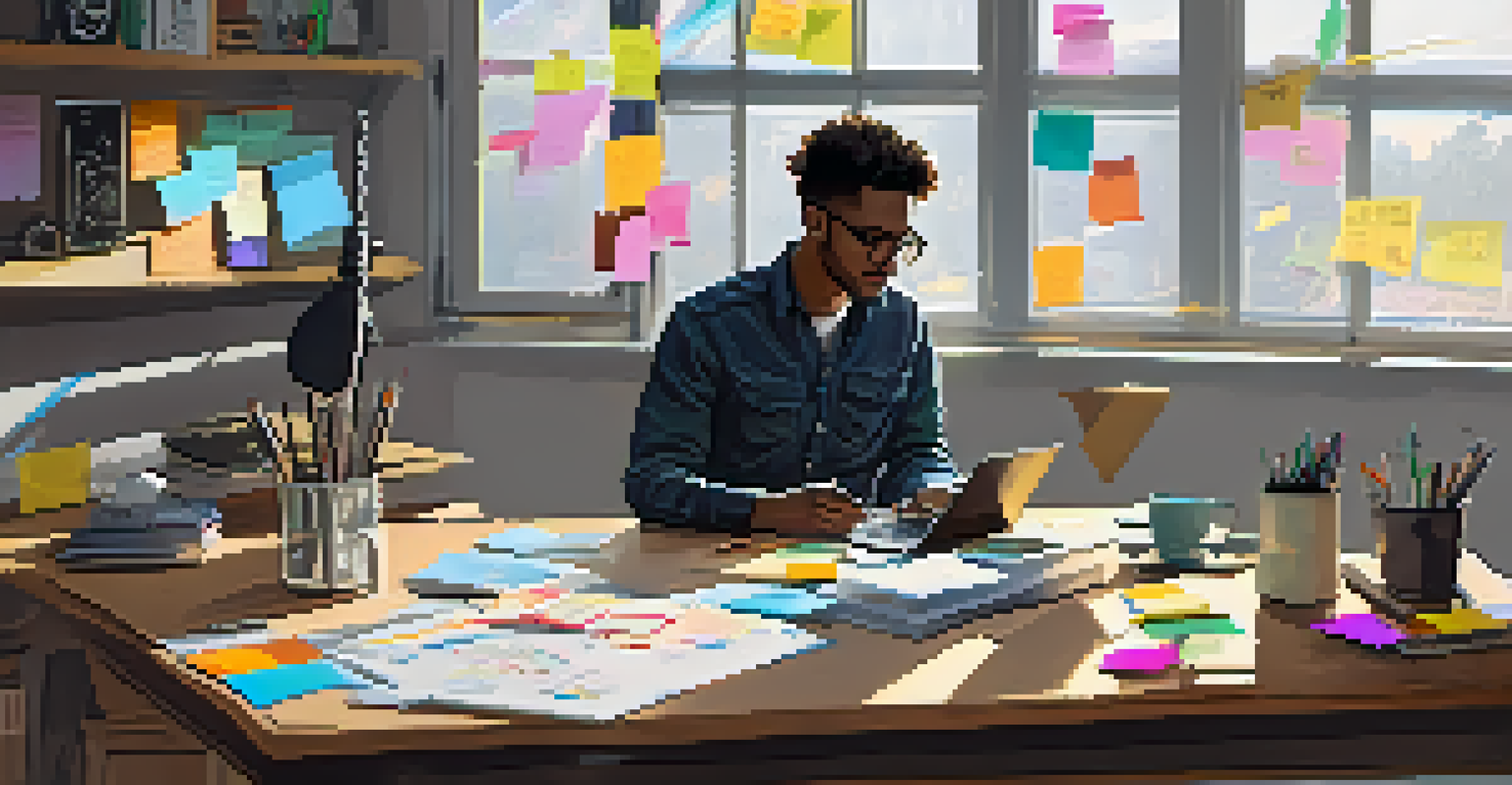 A workspace with a person brainstorming for an Ethereum crowdfunding project, surrounded by sketches, post-it notes, and a laptop, illuminated by natural light.