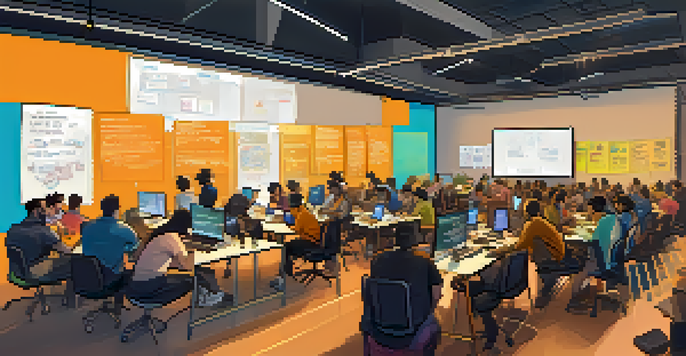 A lively hackathon with diverse teams working together, surrounded by laptops and brainstorming materials in a bright, modern setting.